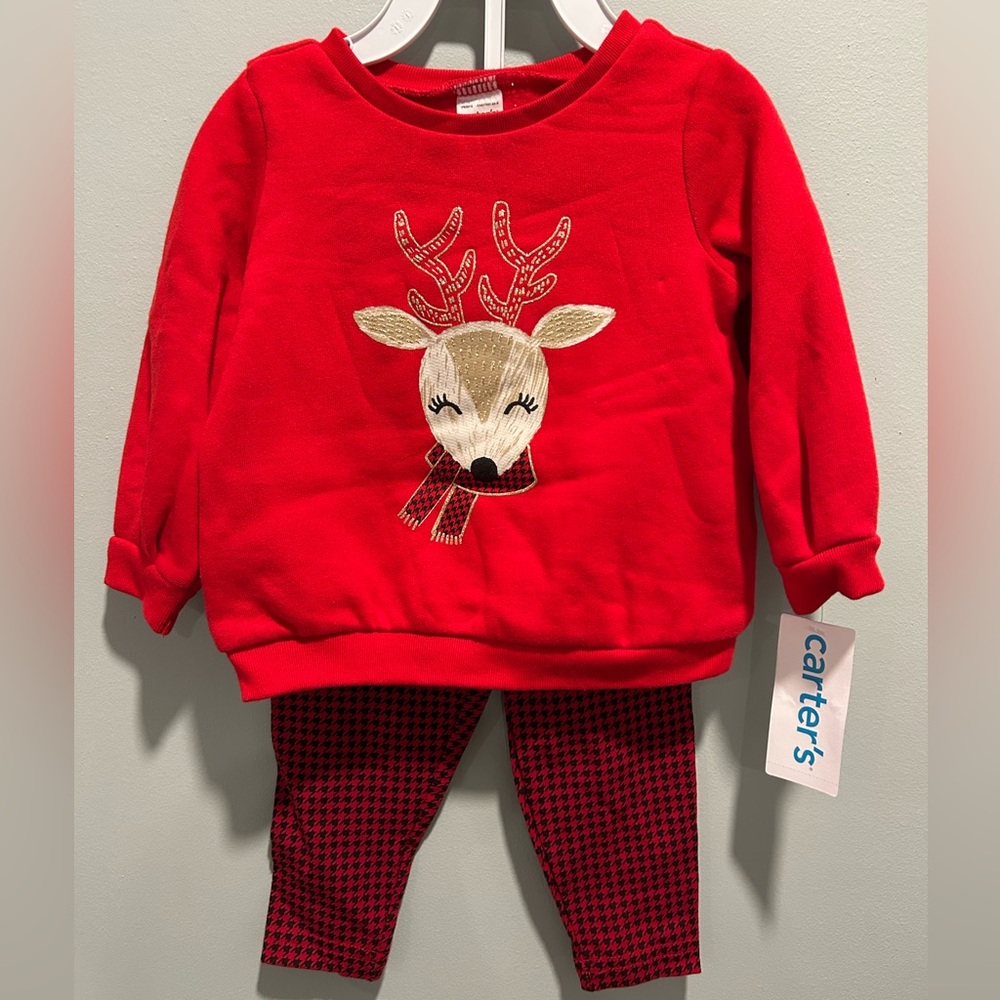 Carter's Red Reindeer Christmas 2 pc Outfit NWT